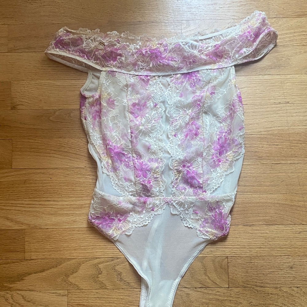Free People White Off-Shoulder Lace Bodysuit with Pink Floral Embroidery